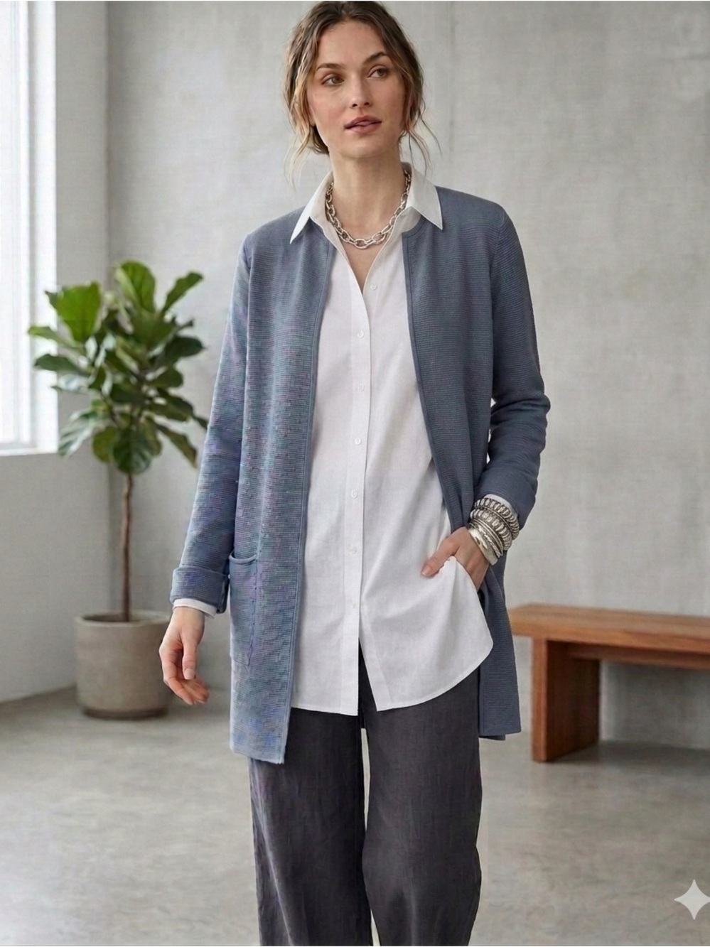 Eileen Fisher Soft Slate Blue Silk Duster Cardigan